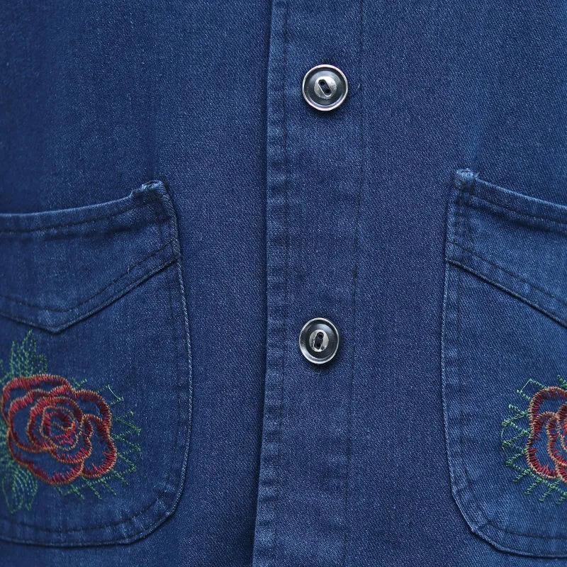 Flower Embroidery Solid Color Big Pocket Women's Denim Vest Sleeveless Spring and Autumn Loose Casual Coat Waistcoats