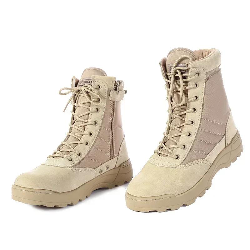 Men's Outdoor High-top Leather Boots Tactical Military shoe Black Thick-soled Lightweight Wear-resistant no slip Hiking footwear
