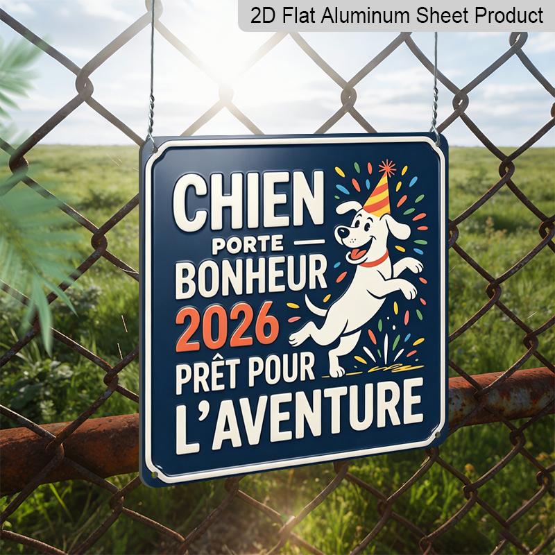 2D Flat, 1pc Vintage French Lucky Dog Adventure 2026 Metal Aluminium Plaque, Retro Wall Art with Chien Porte Bonheur Text, Minimalist Pet Decor for