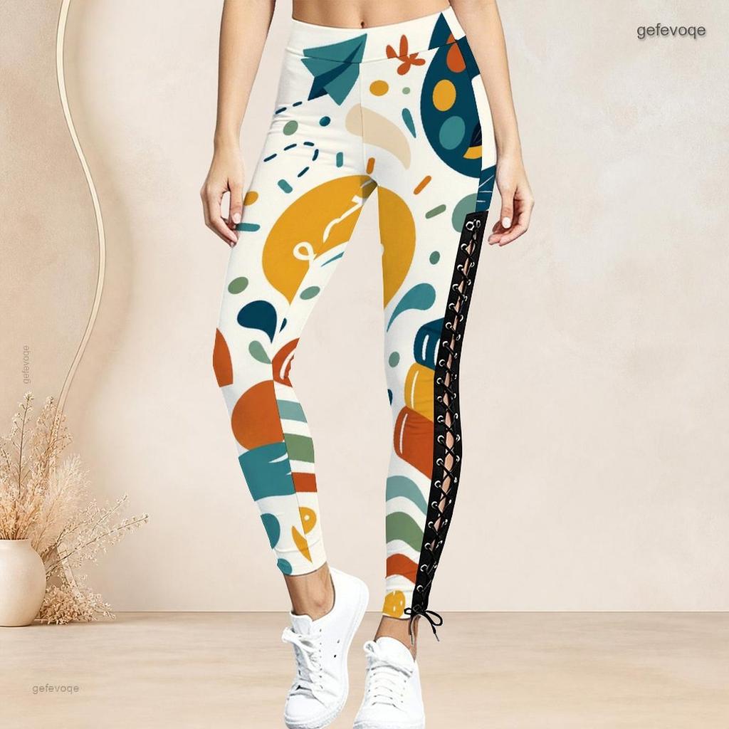 Women Plus Size High Waist Printed Side Eyelet Lace Up Full Length Leggings