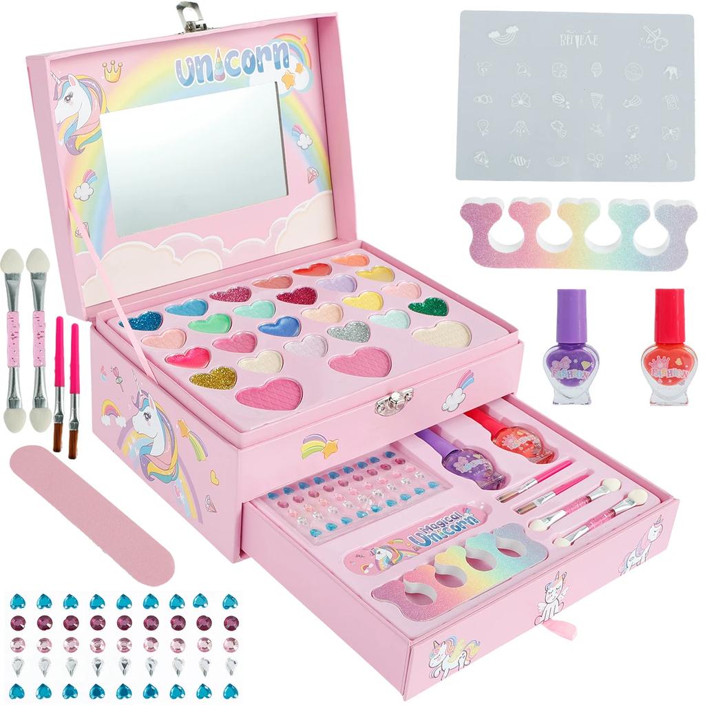37Pcs Kids Makeup Toy Kit Real Washable Makeup Beauty Set for Girls with Portable Cosmetic Bag Princess Play Makeup Toy Set