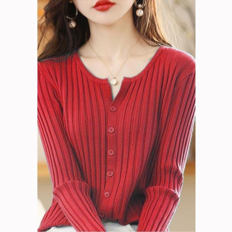 Women's Knitted Cardigan Round Neck Long Sleeved Sweater Solid Color Knitted Top for Autumn and Winter