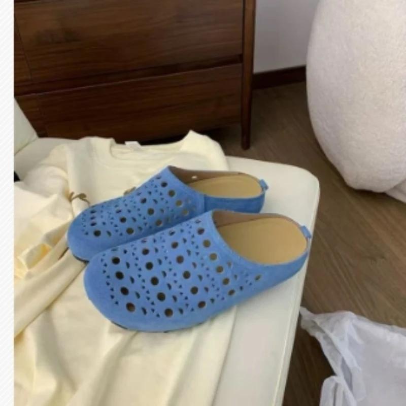 Women's Fashion Round Head Deep Mouth Cow Suede Hollow Breathable Soft Sole Anti-slip Wear-resistant Flat Slippers
