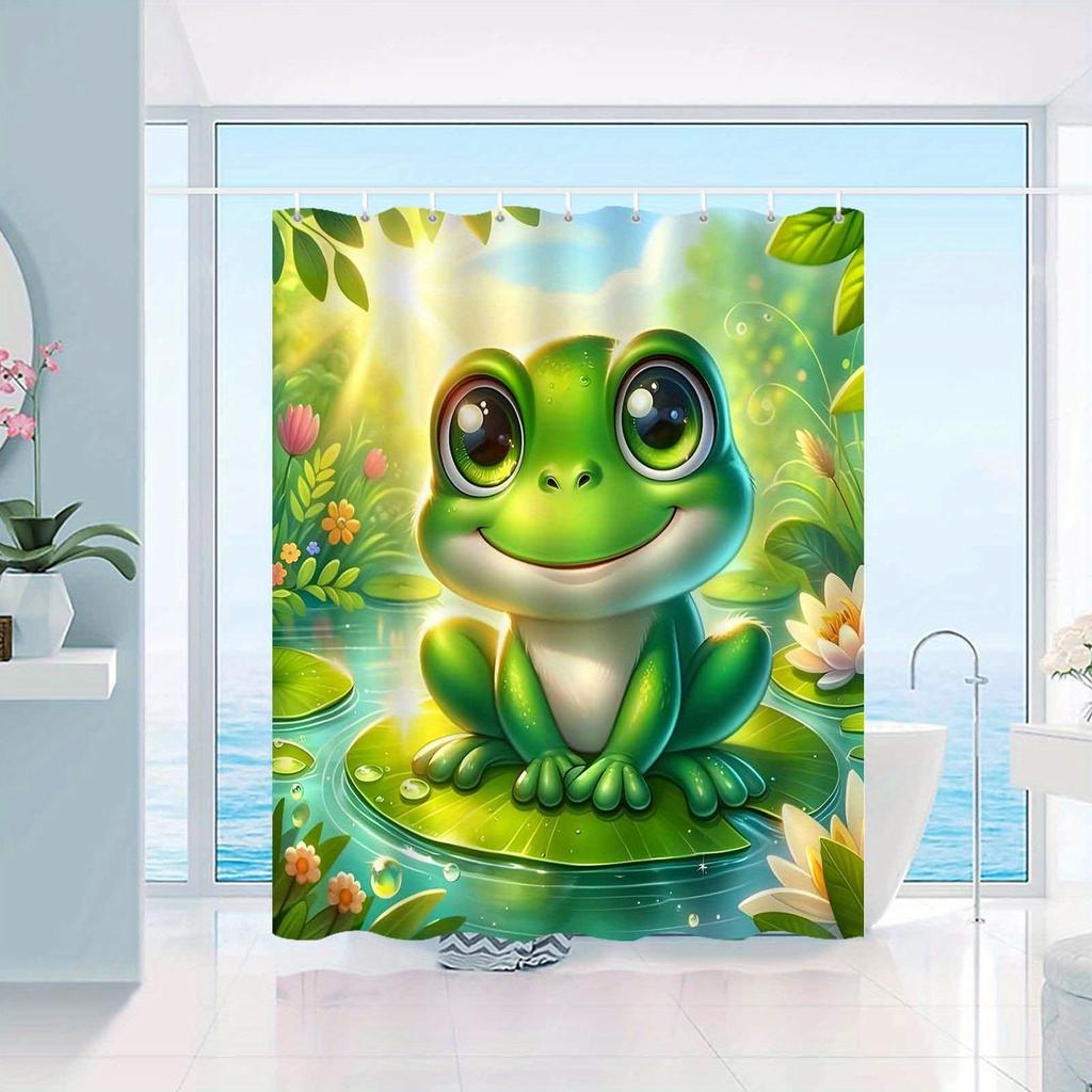 Cute Frog Shower Curtain Lily Pad Pond Art Green Nature Decor Kids Bathroom Waterproof Fabric Bath Curtain Set Home