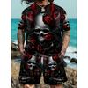 Men's Skull 3D Digital Printing Rose Element Casual T-shirt Summer Sports Suit Fashionable Two-piece Set