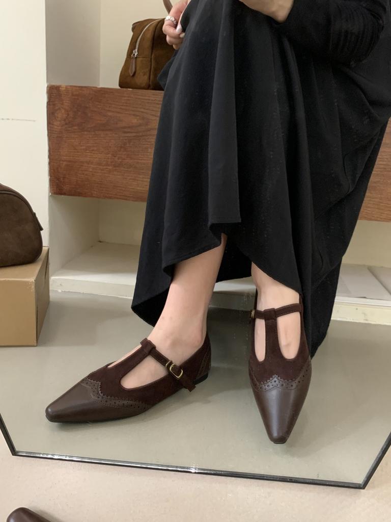 2025 autumn new French retro pointed head shallow mouth single shoes women's versatile low-heeled T-buckle with Mary Jane shoes