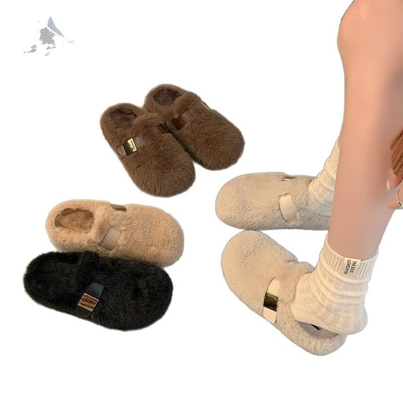 Birkenstock Shoes With Fleece For Women 2024 Autumn And Winter New Style Furry Slippers Slip-On Fashionable Warm Versatile Flat Half Slippers