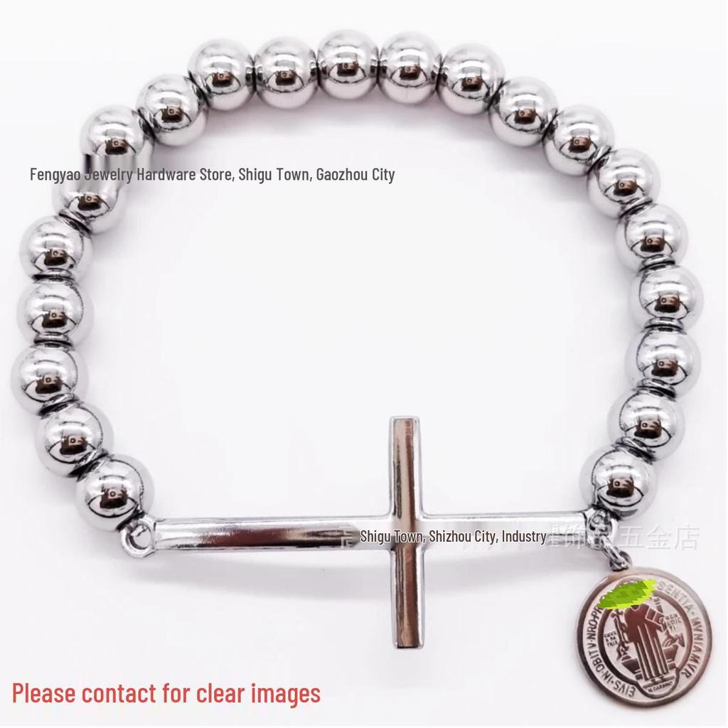 8mm Random Three-Color Bead Stainless Steel Handcrafted Cross Bracelet