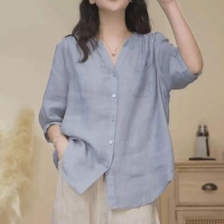 2025 Art Retro Summer Thin Cotton and Hemp Shirt Women's Loose V-neck Shirt Jacket Casual Small Shirt