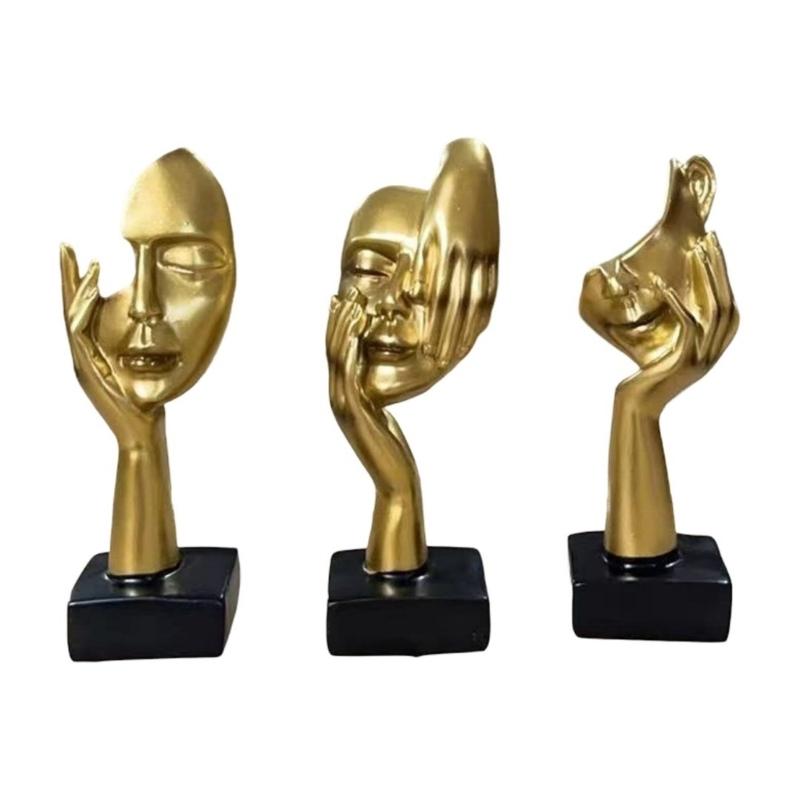 

3 Piece Elegant Abstract Thinker Figurine No Hear No See No Speak Resin Statues for Home and Office Desktop Shelf Decors золотой