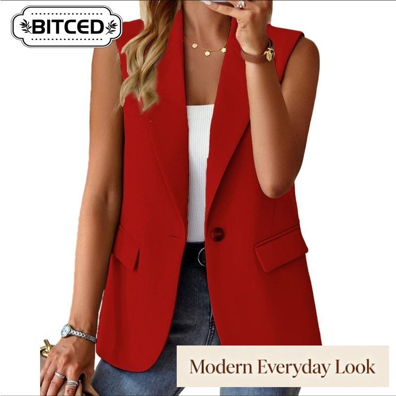 BITCED Women's Vintage Casual Solid Color Print Sleeveless POLO Neck Jackets & Coats