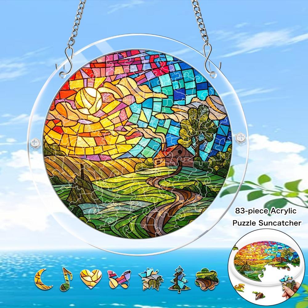 1Set/83pcs 18.8Cm Acrylic Jigsaw Sunset Village Stained Glass Acrylic Jigsaw Puzzle Suncatcher Prism Light Refraction Window Hanging Ornaments Colorfu