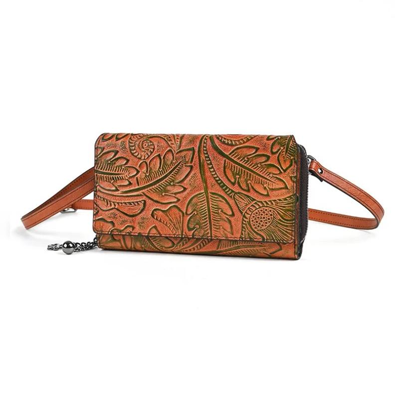 Johnature Phone Bag Retro Embossed Large Capacity Multi Card Women's Wallet Versatile Small Crossbody Bag