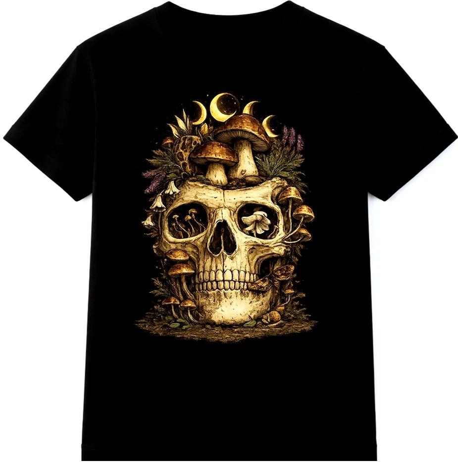 Skull T-Shirt Mushroom Graphic Moon Phases Dark Nature Fungi Art Design Tee L