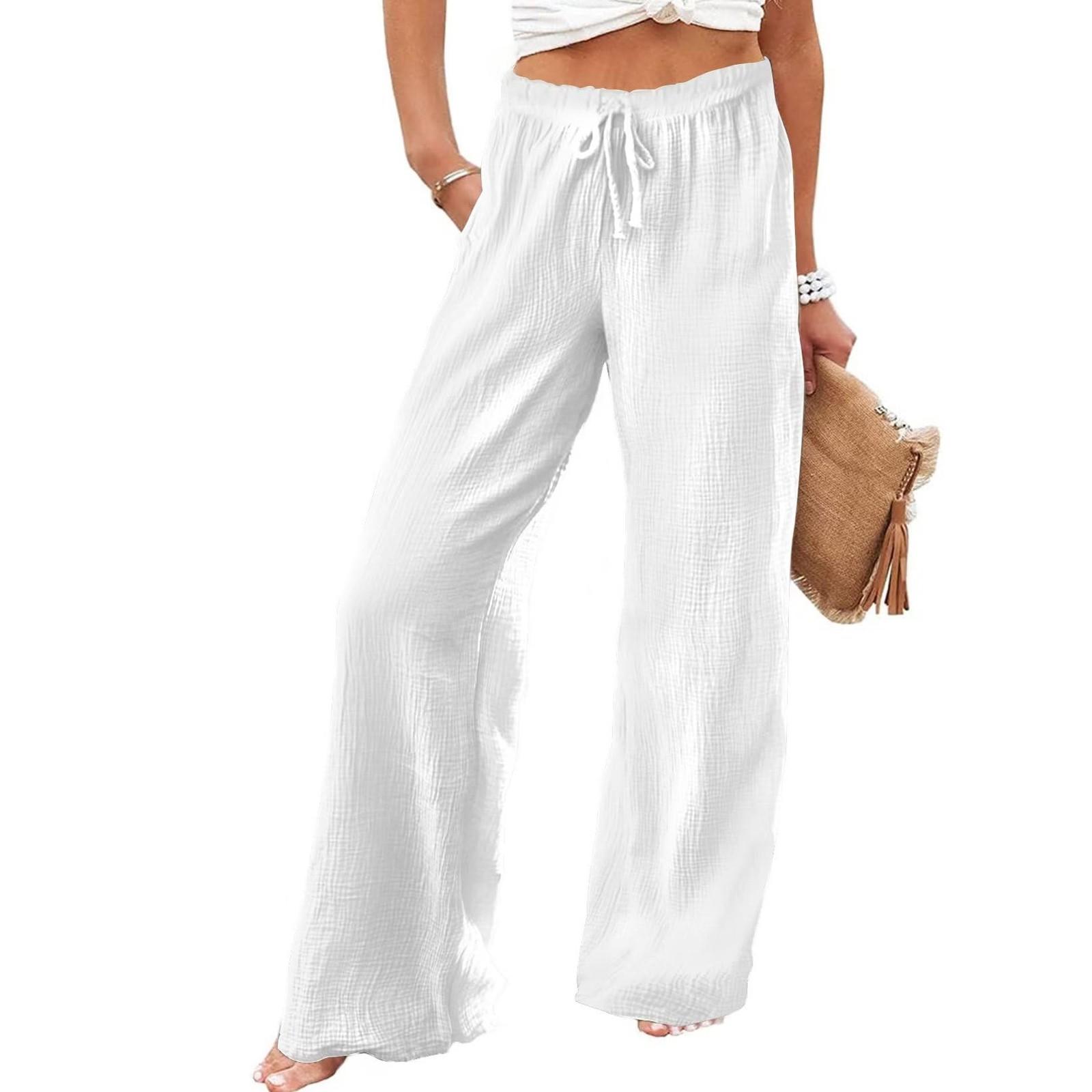 

Широкие брюки для женщин, однотонные повседневные брюки с высокой талией, брюки для тренировок на шнурке с карманами белый