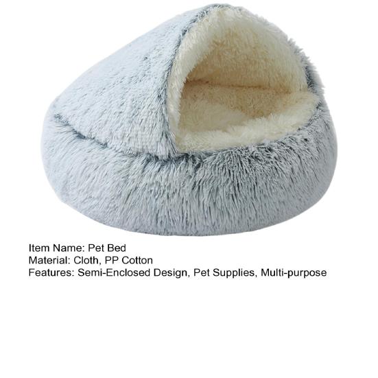 Round Hooded Plush Pet Bed Semi-Enclosed Indoor Small Cat Dog Cave Bed Winter Warm Kitten Puppy Sleeping Nest Pet Supplies