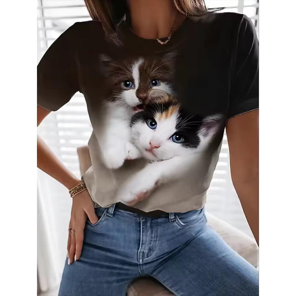 Ladies Summer Fun Cat Printed Large Loose Casual T-shirt Fashionable Comfortable Soft Breathable Short Sleeved T-shirt