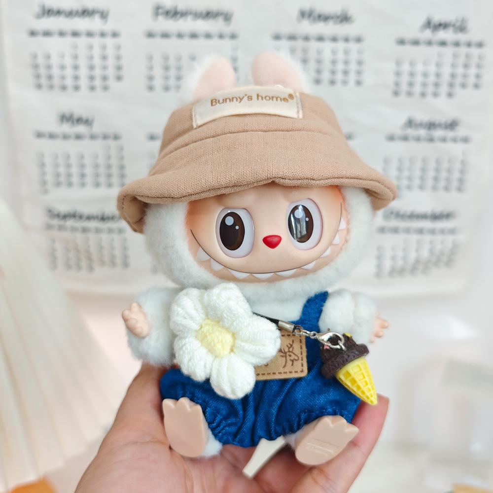 17cm Canvas Clothing, First and Second Generation, Labubu Clothing, Vinyl Doll Decoration, Pendant Clothing, Overalls, Doll Set Hat