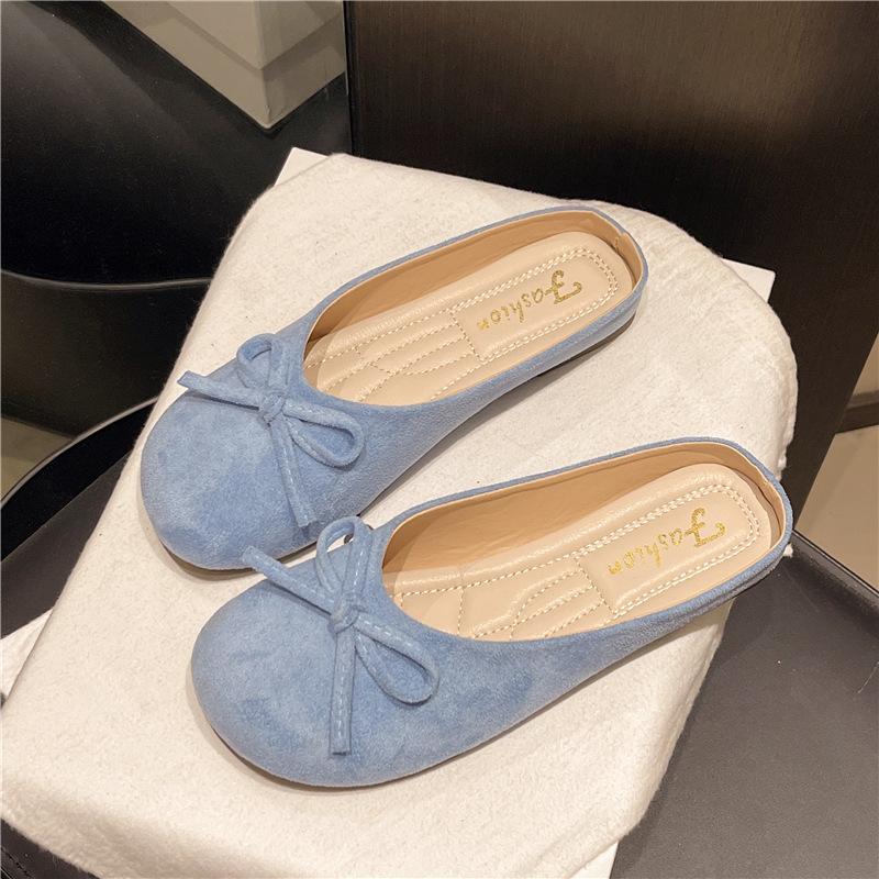 

2025 summer flat bottom square head shoes women s shallow mouth flat heel soft sole grandma shoes bow soft leather egg roll Doudou shoes 40 синий