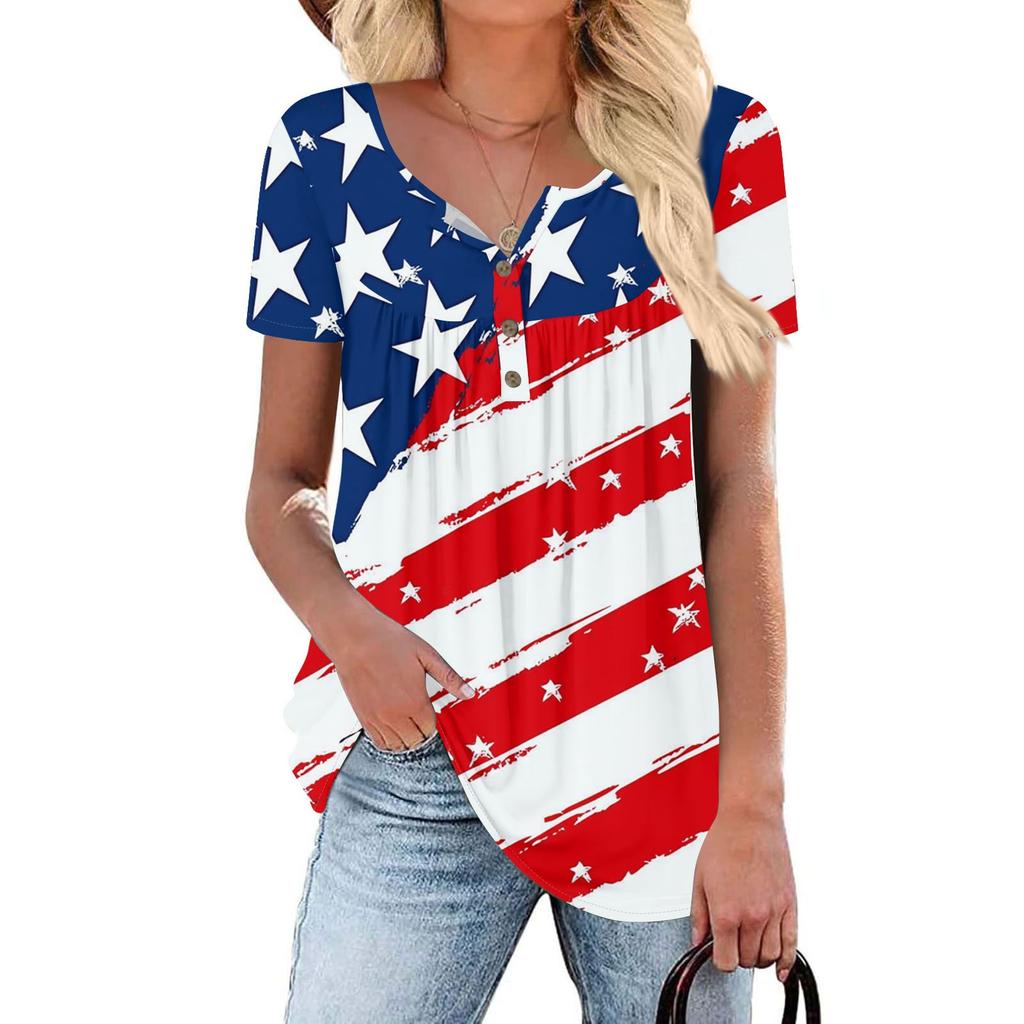 Women Tunic Tops Dressy Casual Summer Short Sleeve Shirts Loose Fit Pleated Boho Top Independence Day