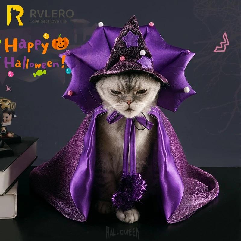 Lustiges Stern Katze Hexe Kostüm Set Lila Umhang Weicher Hut für Hunde Katzen Halloween Haustier Cosplay Party Sternenklar Lila Haustier Hexe Outfit