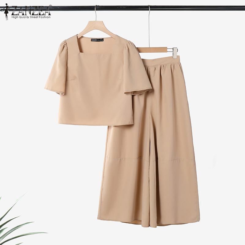 ZANZEA Women Short Sleeve Blouse and Wide Leg Pants Summer Two Piece Suit Sets