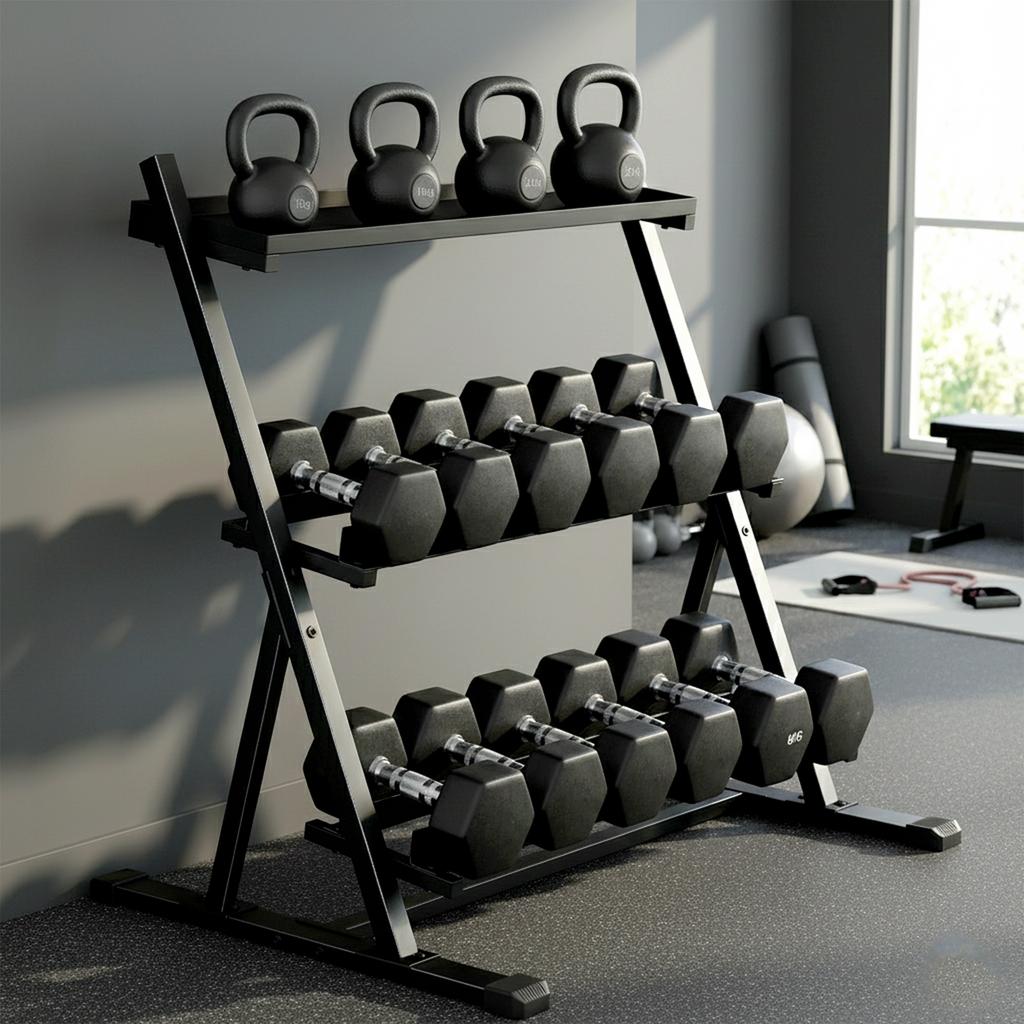 Adjustable Three-Tier Dumbbell Rack Max. 200kg Non-Slip Dumbbell Stand with Adjustable Rods