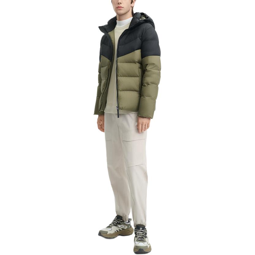 Fila Original Comfortable Casual Color-Block Hooded Long Sleeve Removable Down Jacket Men Jacket Moss-Green F51M449901F-KK