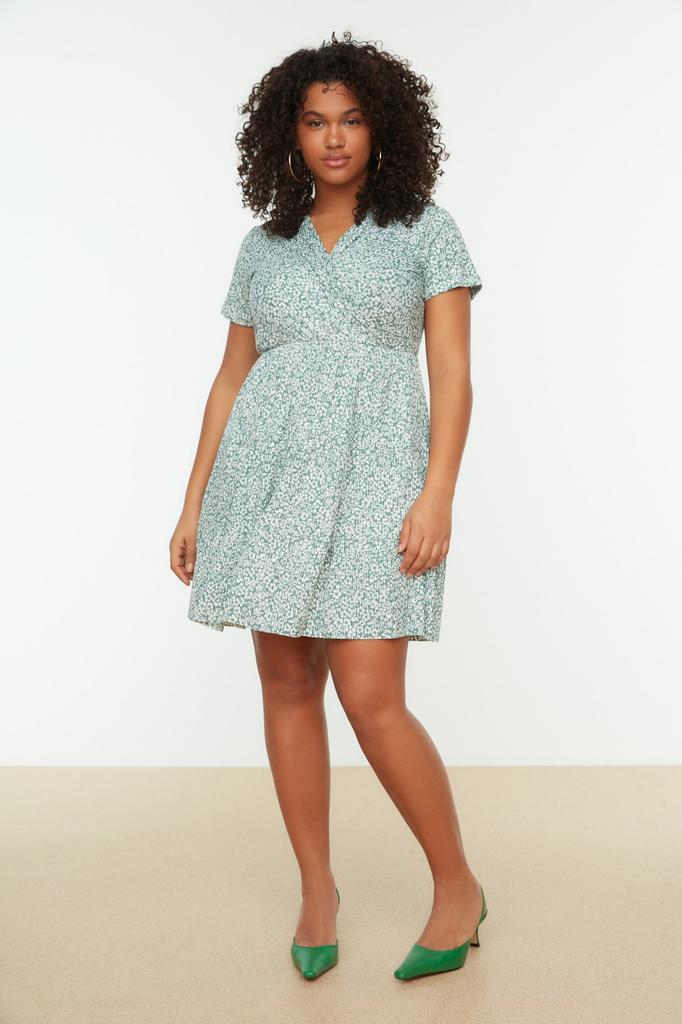 Damenmode Neues Plus-Big-Size-Kleid Grünes Strickkleid mit V-Ausschnitt und Blumenmuster