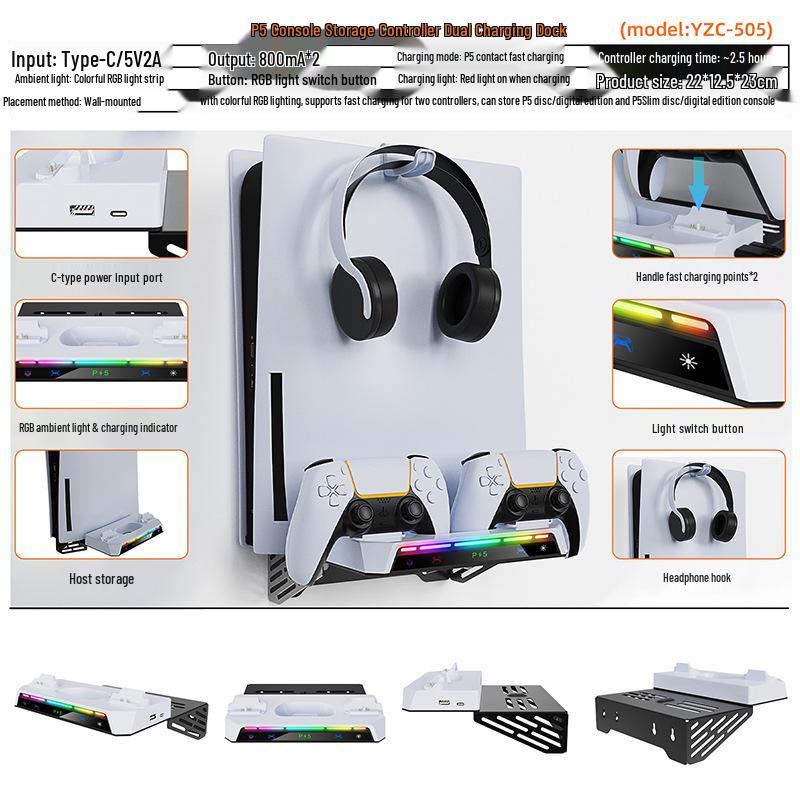 PS5 Wall Mount Kit: Console Bracket, Elite Controller Charger, Headphone Hanger, RGB Lights