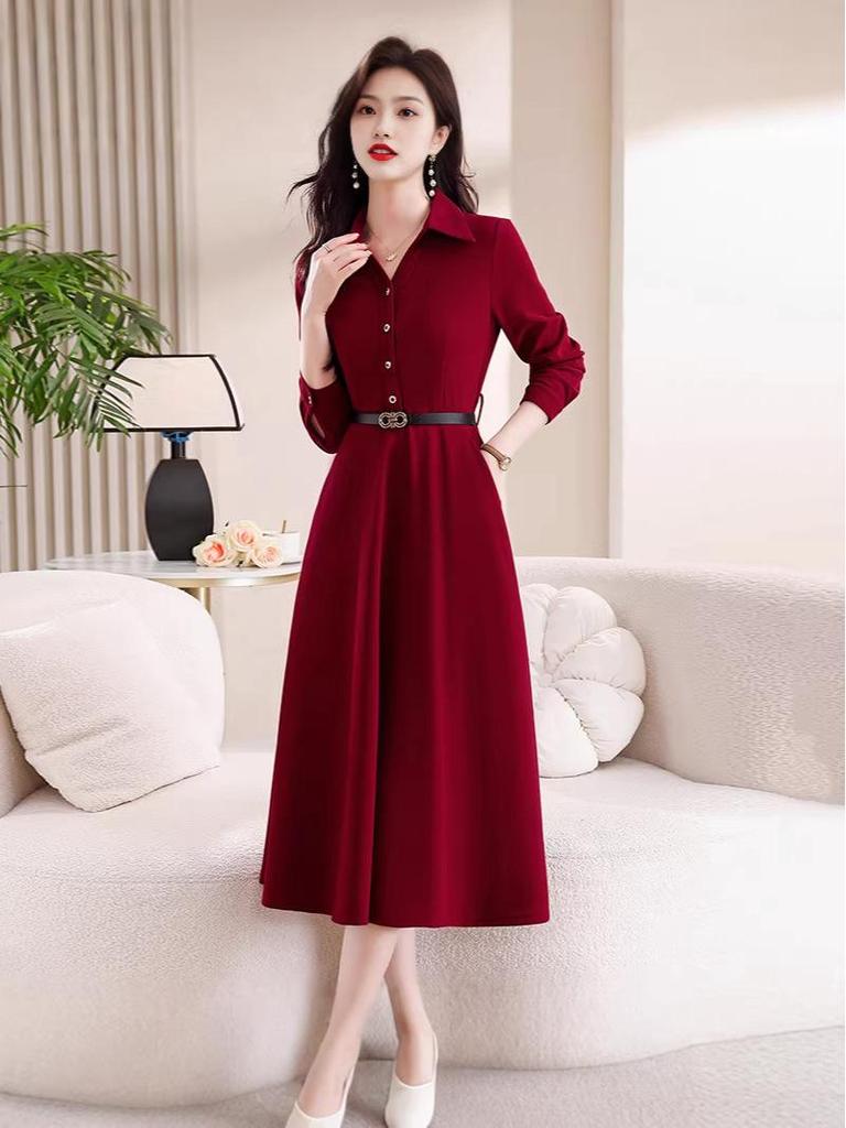 Trendy Korean Style Patchwork Waist-Cinched Mid-Length Dress for Women - 2026 Spring/Autumn