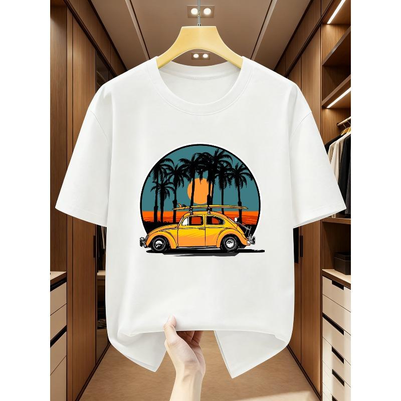 Men'S T-Shirt Retro Style Yellow Beetle with Palm Tree And Sunset Pattern Short Sleeve T-Shirt Comfortable Casual Short-Sleeved T-Shirt In Summer