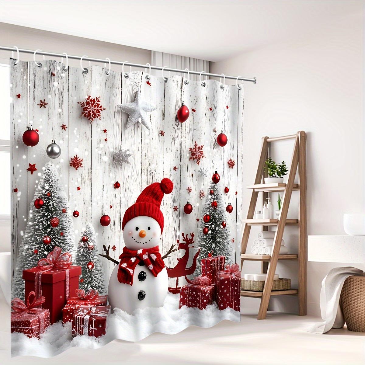 

Festive Christmas Snowman Print Polyester Shower Curtain Machine Washable Bathroom Decor With Santa Hat & Holiday Accents W60H190(CM)-1 Pcs