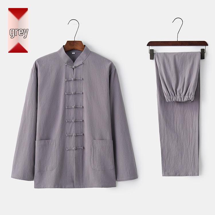 Herren Langarm Baumwolle & Leinen Tang-Anzug: Zweiteiliges Set im chinesischen Retro-Stil mit Froschknöpfen für Herbst und Frühling