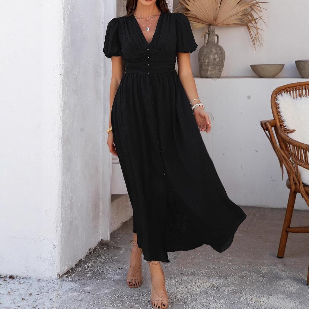 Spring and Summer European and American Leisure Commuter Vacation Style V-neck High Waist Short Sleeve Split Dress Women