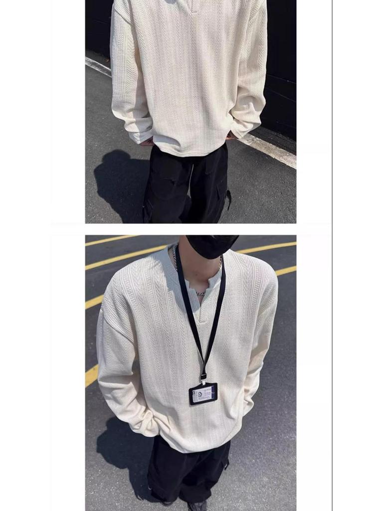 Men's American Trendy V-Neck Jacquard Sweatshirt: Loose Fit, Long-Sleeve, Casual High Street Style T-Shirt for Autumn.