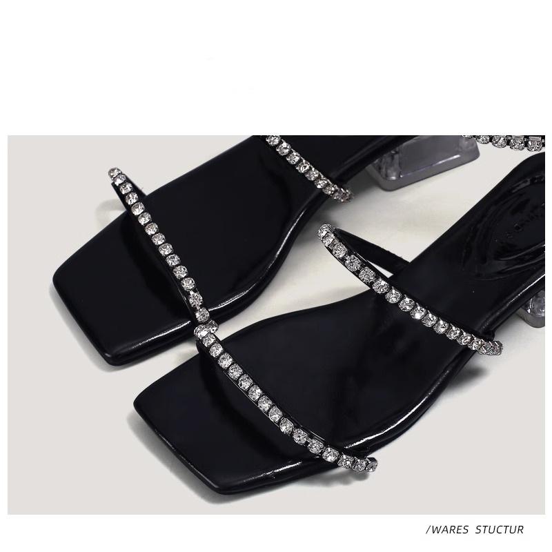 Square head thin strap niche high-end sandals 2025 rhinestone temperament sexy low-heeled open-toed Roman shoes exquisite