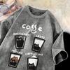 Vintage Washed T-shirt Men Women Coffee Cat Print Short Sleeve Tee Casual Loose Streetwear Aesthetic Tops