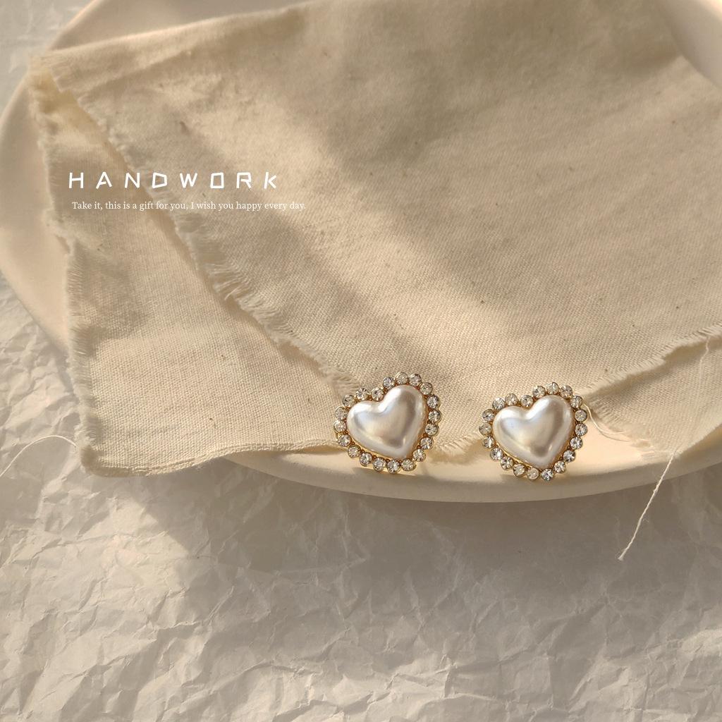 14K Gold & Silver Heart-Shaped Diamond Stud Earrings - Korean Style