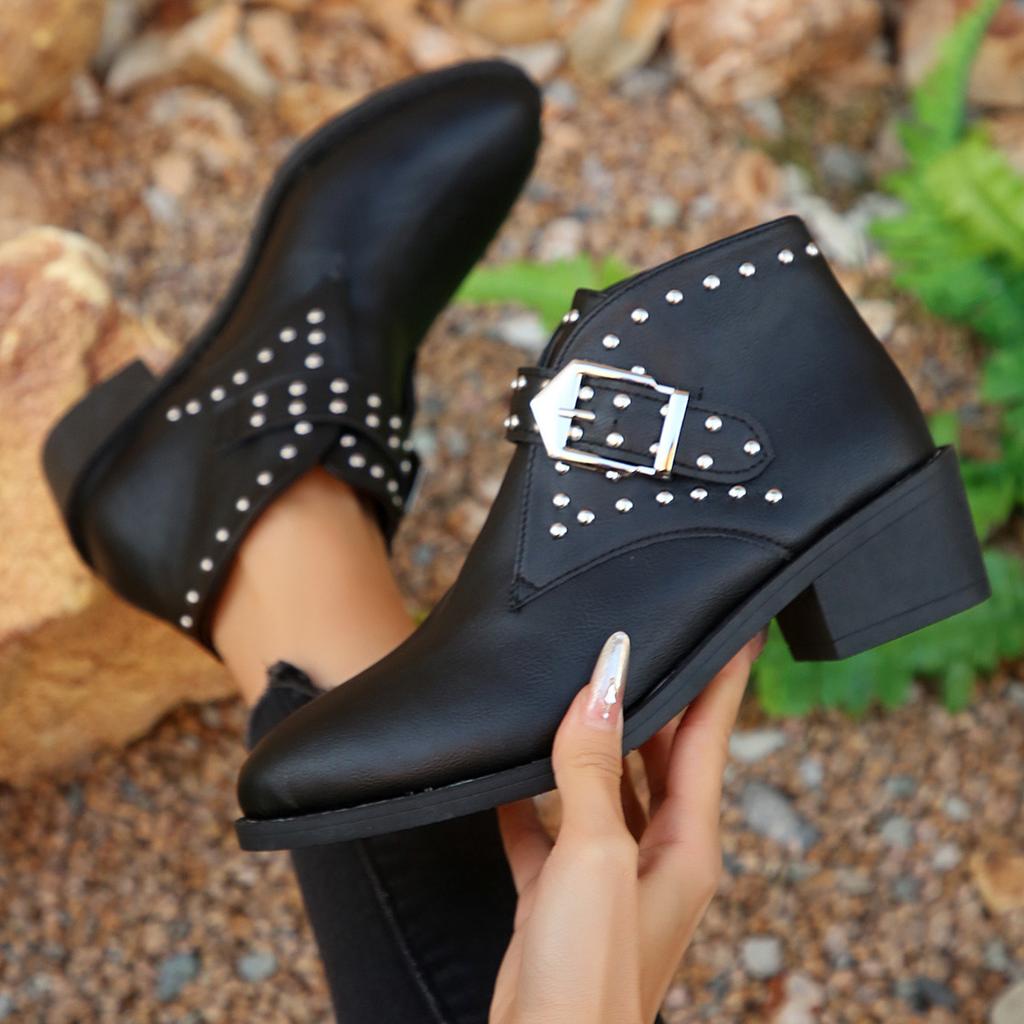 Women's Studded Buckle Ankle Boots Trendy Casual Martin Boots