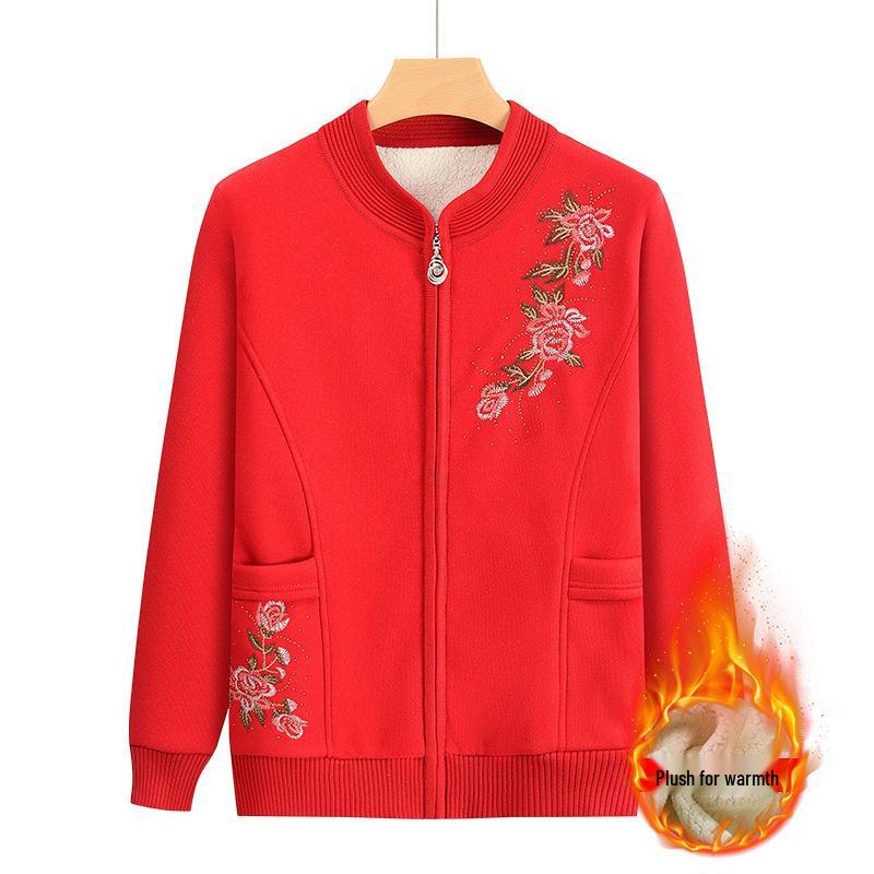 2024 Mamas warmer Wollmantel: Langärmiger Strickcardigan mit Samtbesatz für Frauen mittleren und höheren Alters