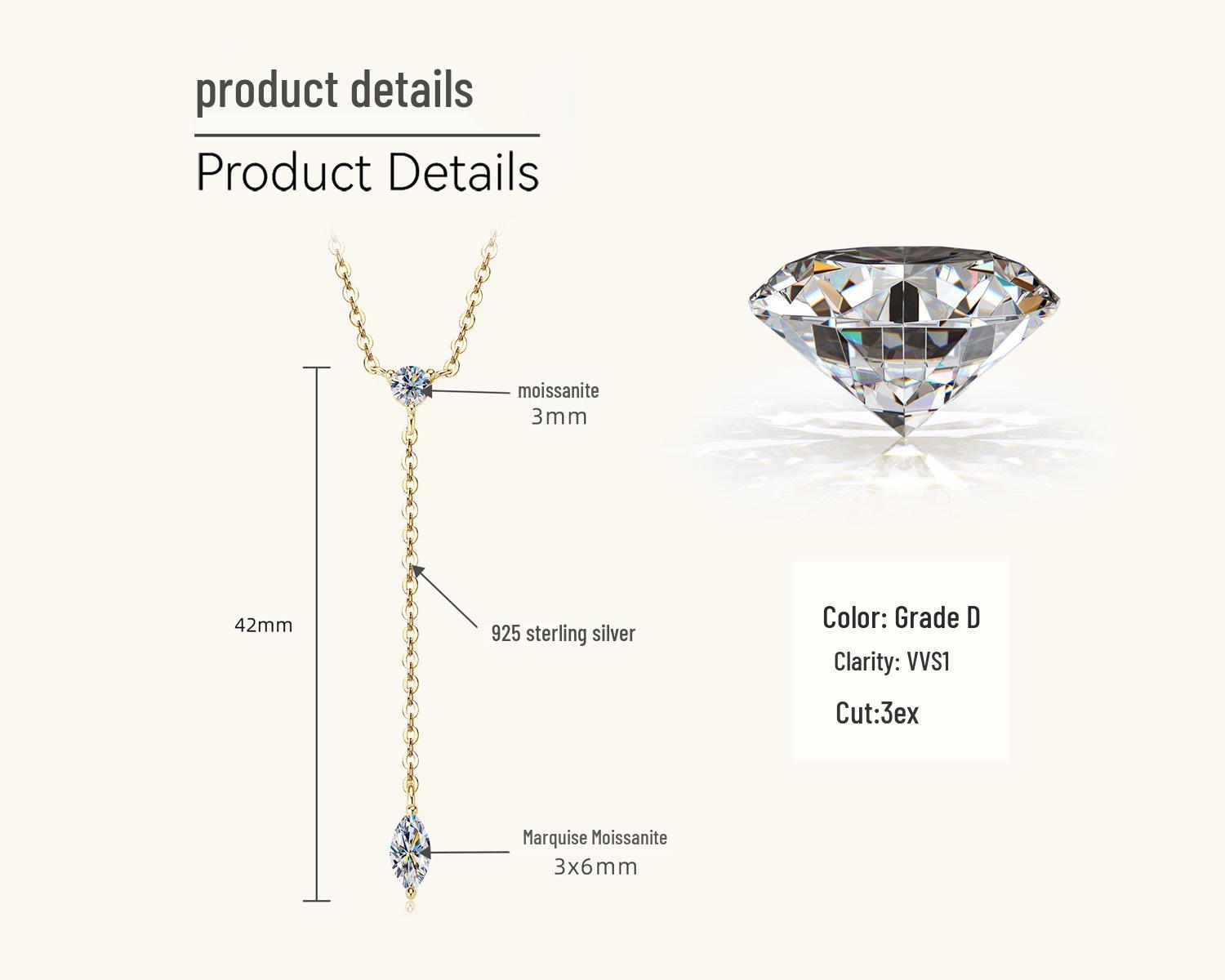 

Marquise Cut Moissanite Pendant Necklace: European & American Style, 925 Sterling Silver, Women’s Clavicle Chain 0.4 Carat (Total Length 48cm) золотий