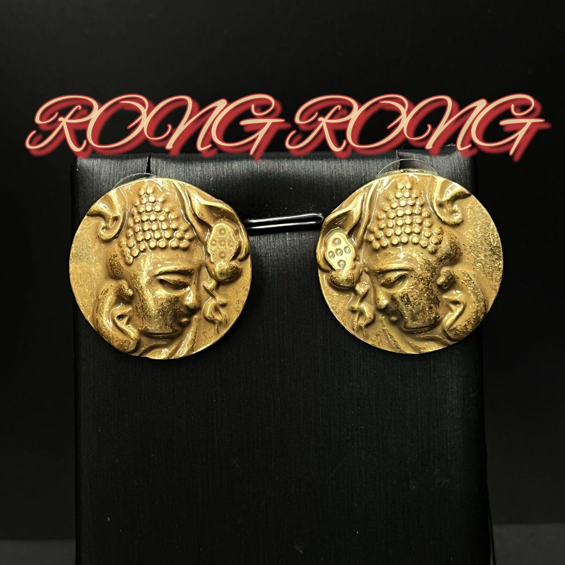 

Middle Aged Vintage Heavy Industry Buddha Head Earrings Geometric Circular Antique Style Relief Chinese Retro High-end Feeling