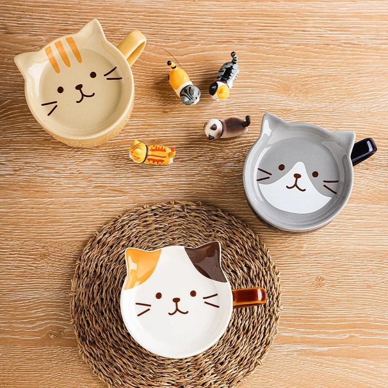 300ml Cute Ceramic Cat Coffee Mug with Lid,Kawaii Coffee Mugs or Tea Cups for Cat Lovers,Funny Novelty Cat Breakfast Mugs for Gift
