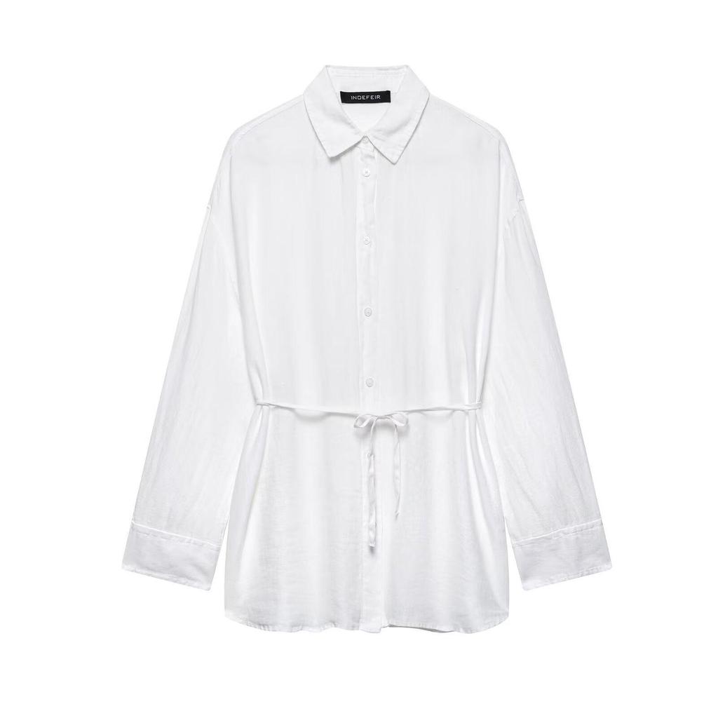 TAOP&ZA Women's Spring/Summer Waist-Tie Long Sleeve Shirt with Turn-Down Collar