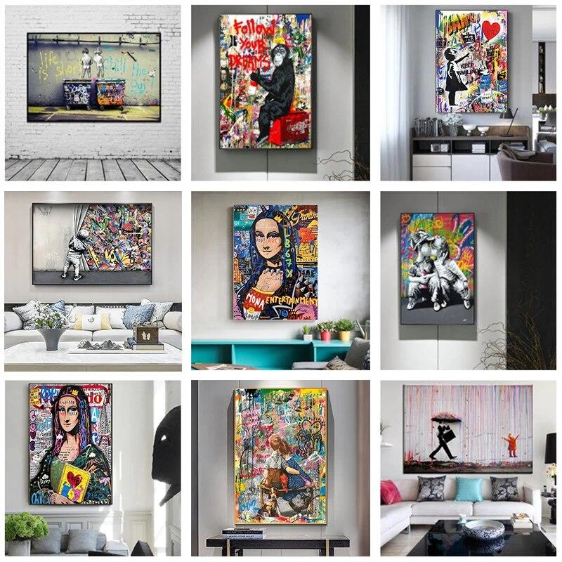 

Декор для гостиной, спальни, поп-настенная картина, граффити, Мона Лиза, холст, картина, уличный художественный постер