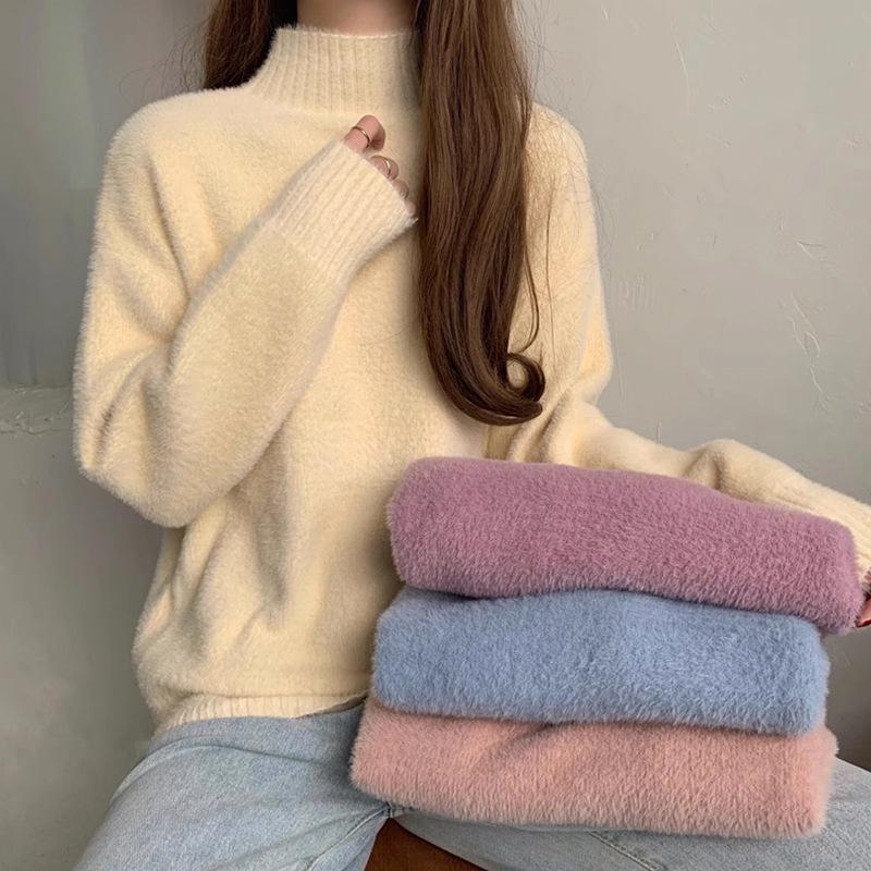 Women's 2025 Mink Cashmere Thick High Neck Sweater - Autumn/Winter Fashion Knitted Base Layer Top