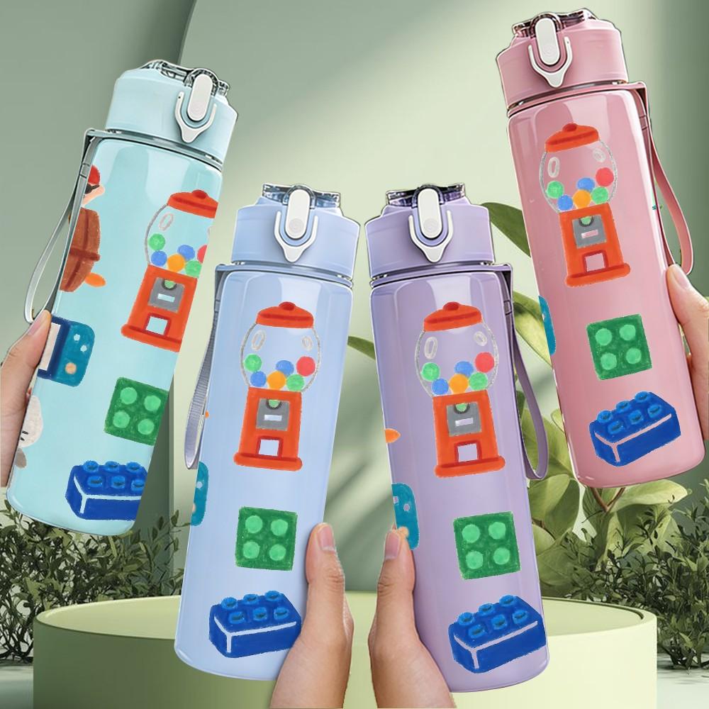 1PC Colorful Daily Life Cartoon Pattern 750ml Color Plastic Sports Water Bottle Leakproof Flip Straw Lid Suitable for Sports Office Home Use
