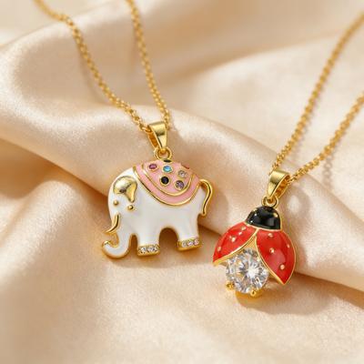 Cute Enamel Ladybug Elephant Pendant Necklace for Women Girl, Fashion Zircon Colorful Charms Necklace, Dainty Jewelry Gifts