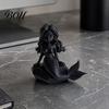 Cartoon Mermaid Figurine 3D Printed Action Figure, Dark Gothic Style with Matte Black Finish, Movable Joints Wavy Hair Design & Wide Rock Base, Decor